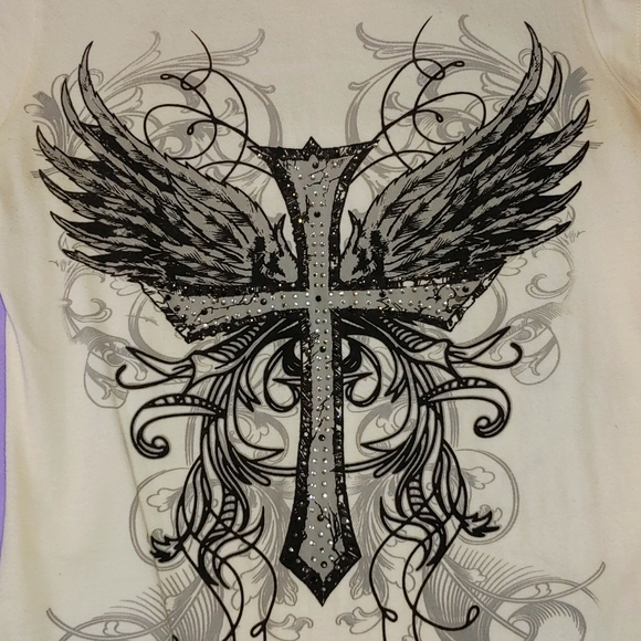 VINTAGE RHINESTONE CROSS & WINGS SLEEVELESS SHIRT * SIZE L - Picture 2 of 5